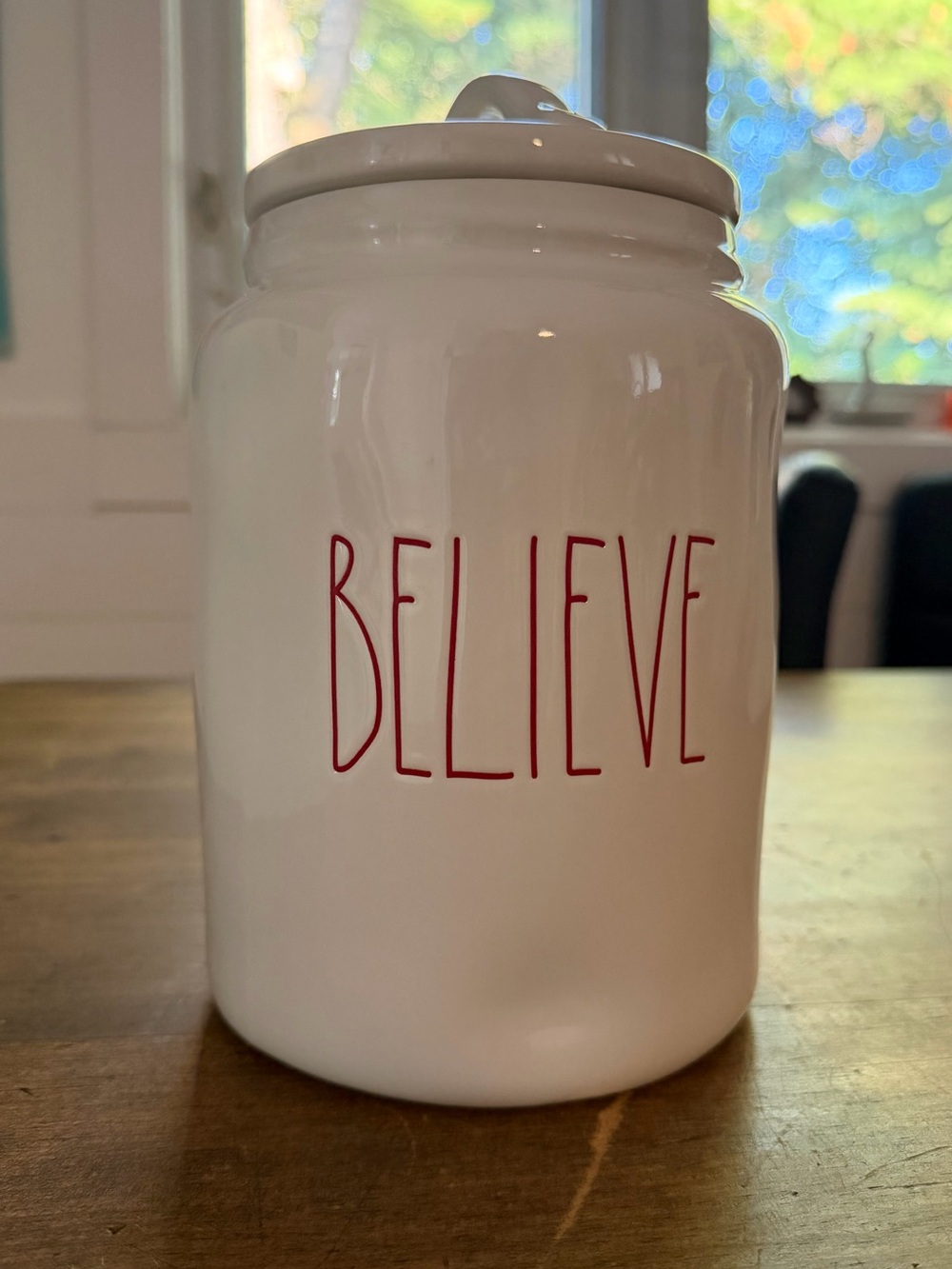 Rae Dunn canister BELIEVE